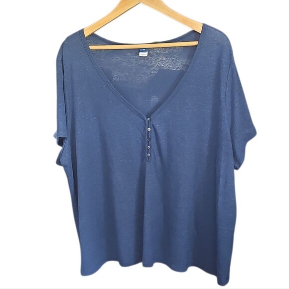 Old Navy Linen Blend Navy Blue V Neck Button Front Top Sz 2X Nautical Summer - Picture 1 of 13
